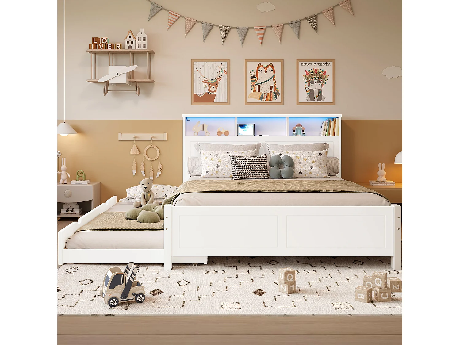 Lit double familial 120x200 cm, bois massif blanc, avec lit gigogne, LED, prises de charge et rangement, sans matelas