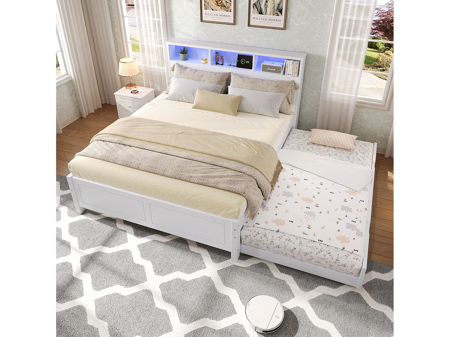 Lit double familial 120x200 cm, bois massif blanc, avec lit gigogne, LED, prises de charge et rangement, sans matelas
