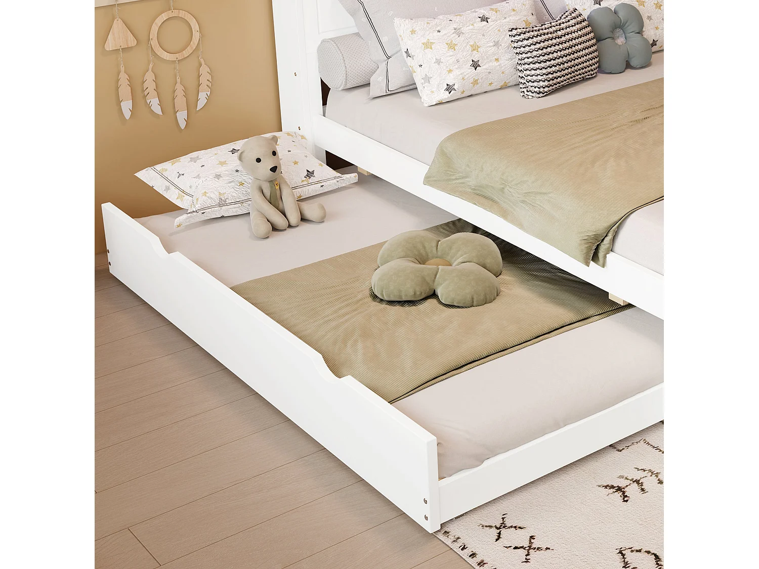 Lit double familial 120x200 cm, bois massif blanc, avec lit gigogne, LED, prises de charge et rangement, sans matelas