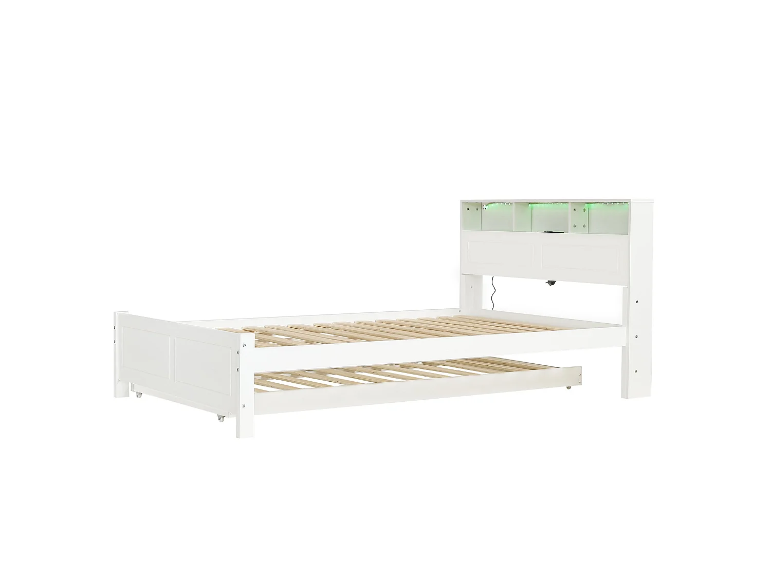 Lit double familial 120x200 cm, bois massif blanc, avec lit gigogne, LED, prises de charge et rangement, sans matelas