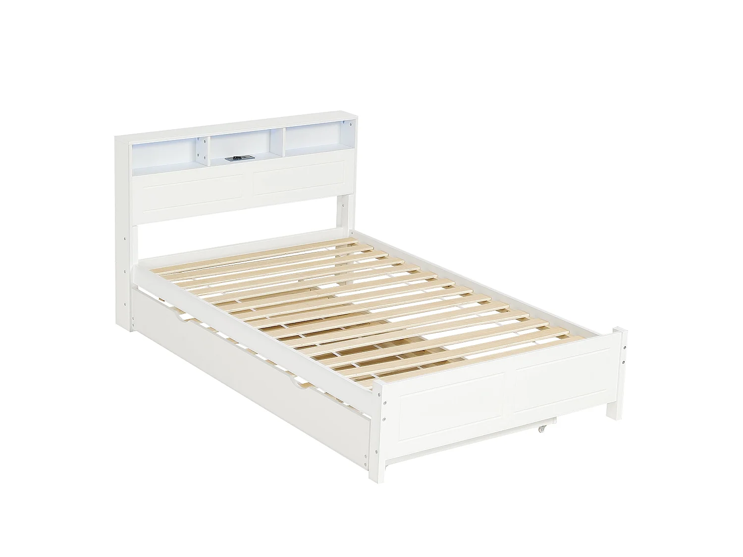 Lit double familial 120x200 cm, bois massif blanc, avec lit gigogne, LED, prises de charge et rangement, sans matelas