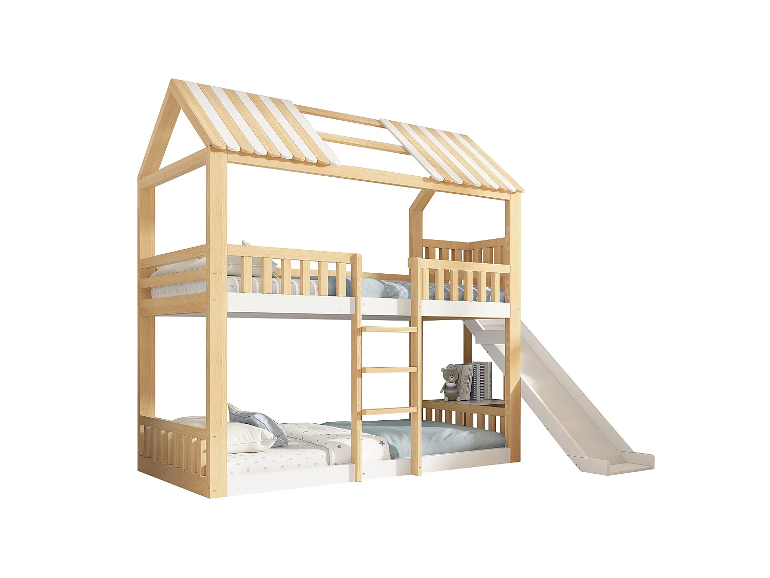 Lit superposé maison 90x200 cm, blanc et bois naturel, avec toboggan, étagère de rangement et sommier à lattes, sans matelas