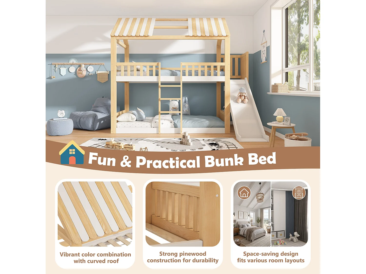 Lit superposé maison 90x200 cm, blanc et bois naturel, avec toboggan, étagère de rangement et sommier à lattes, sans matelas