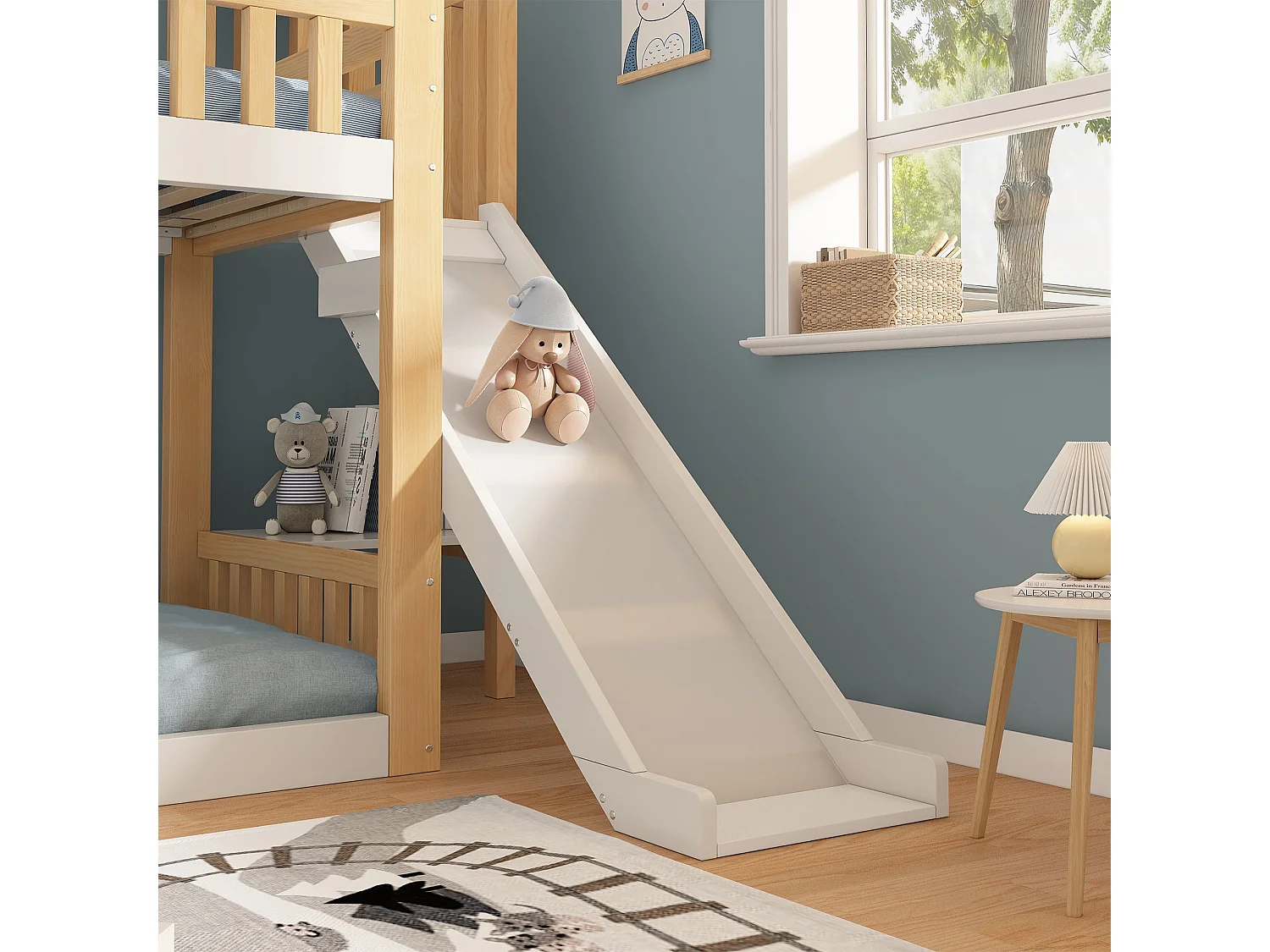 Lit superposé maison 90x200 cm, blanc et bois naturel, avec toboggan, étagère de rangement et sommier à lattes, sans matelas
