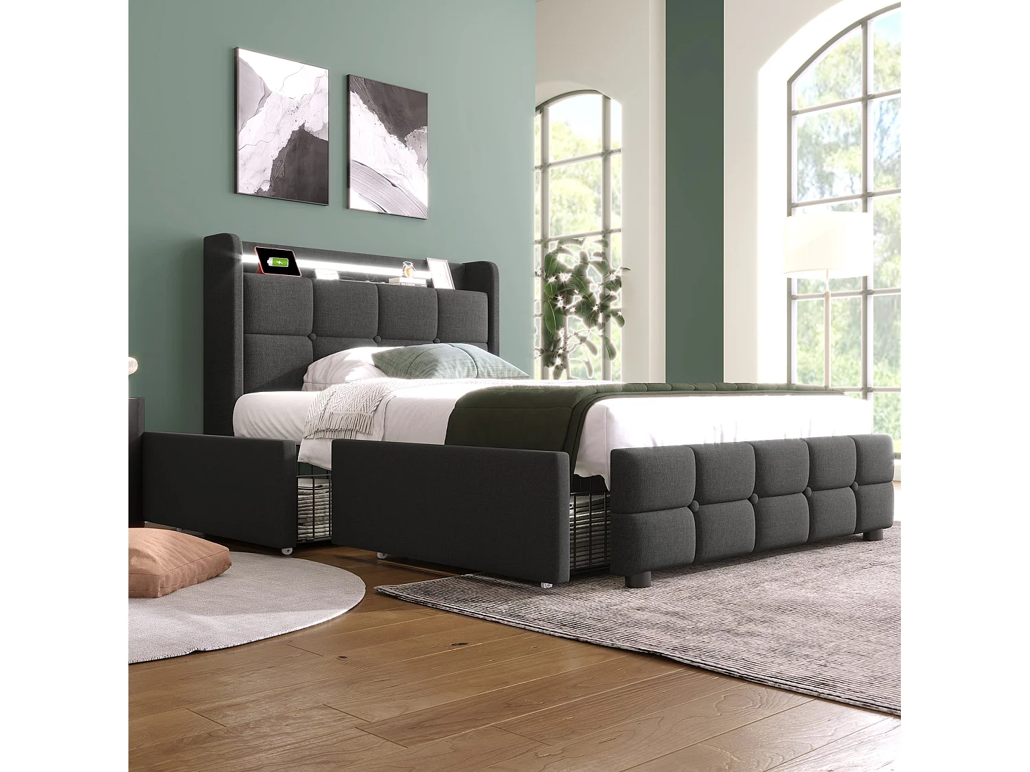 Lit double 180x200 cm, gris, avec prises USB, LED télécommandé, 2 tiroirs de rangement, sans matelas