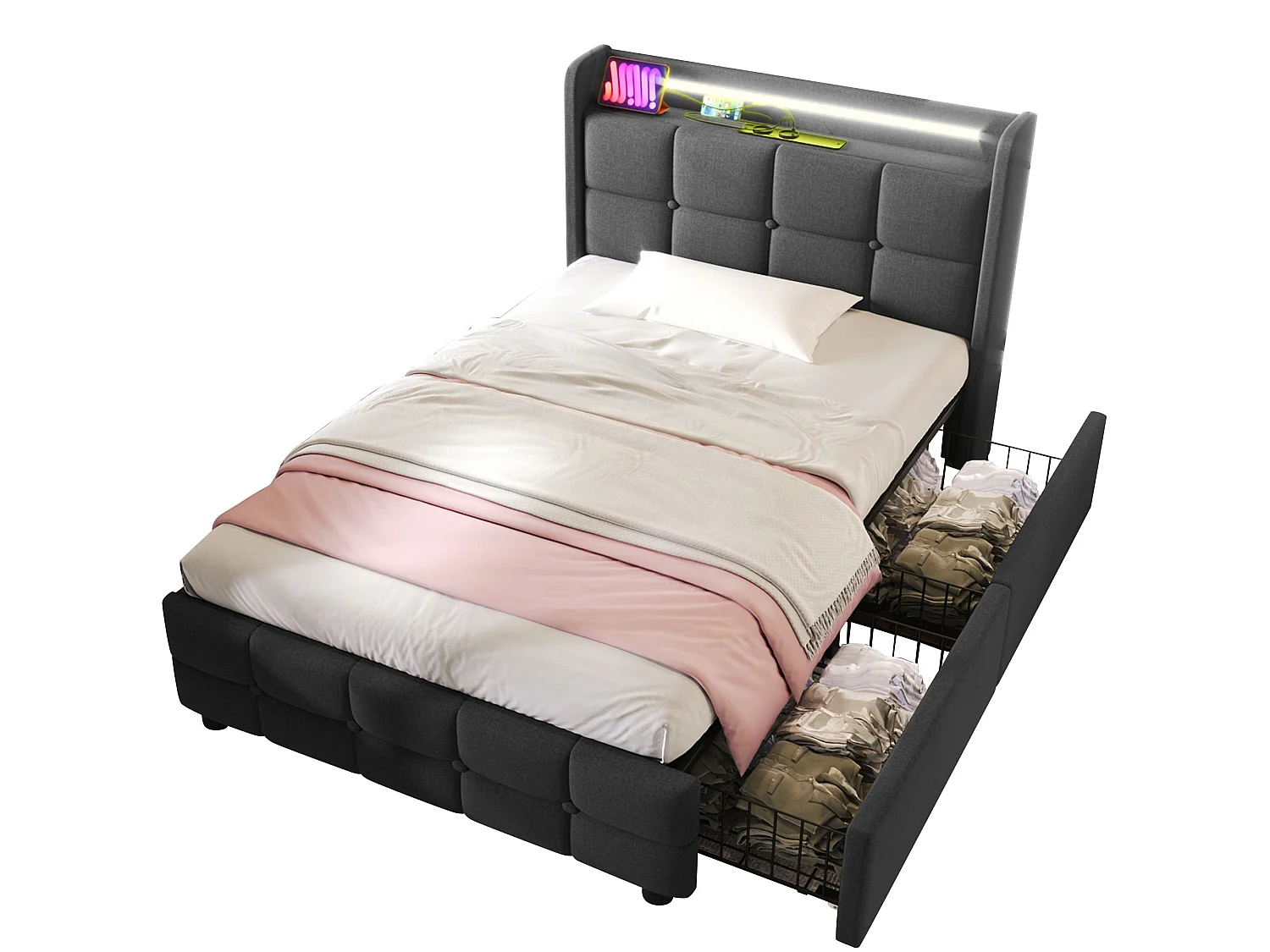 Lit double 180x200 cm, gris, avec prises USB, LED télécommandé, 2 tiroirs de rangement, sans matelas