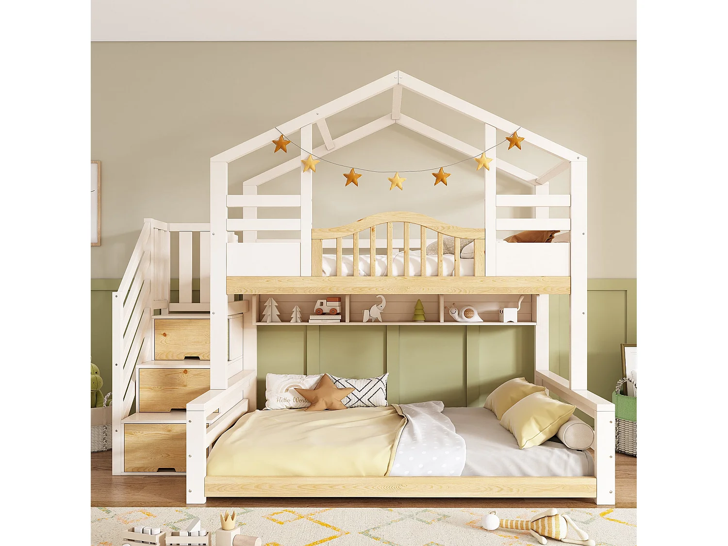 Lit superposé maison 90x200 cm / 140x200 cm, blanc et bois naturel, avec rangement escalier et étagères, sans matelas