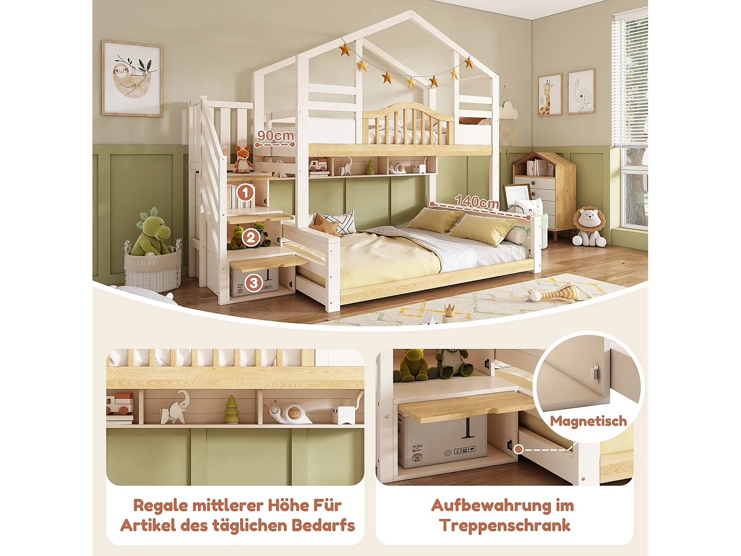 Lit superposé maison 90x200 cm / 140x200 cm, blanc et bois naturel, avec rangement escalier et étagères, sans matelas