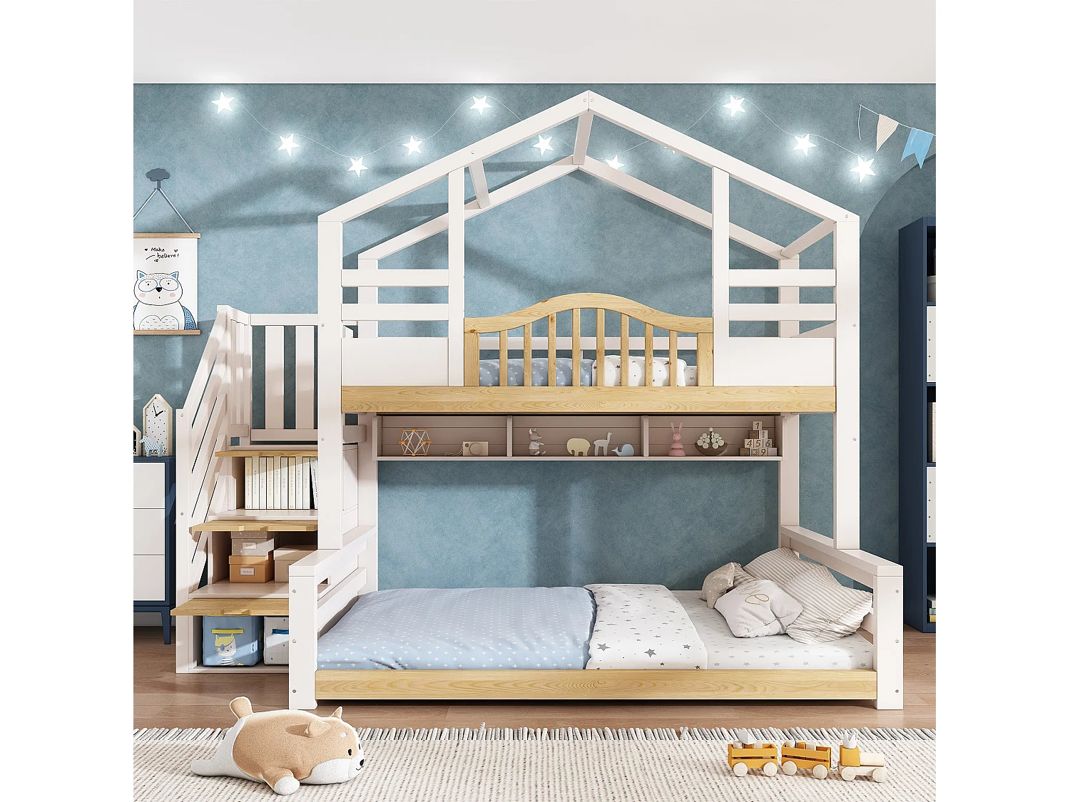 Lit superposé maison 90x200 cm / 140x200 cm, blanc et bois naturel, avec rangement escalier et étagères, sans matelas