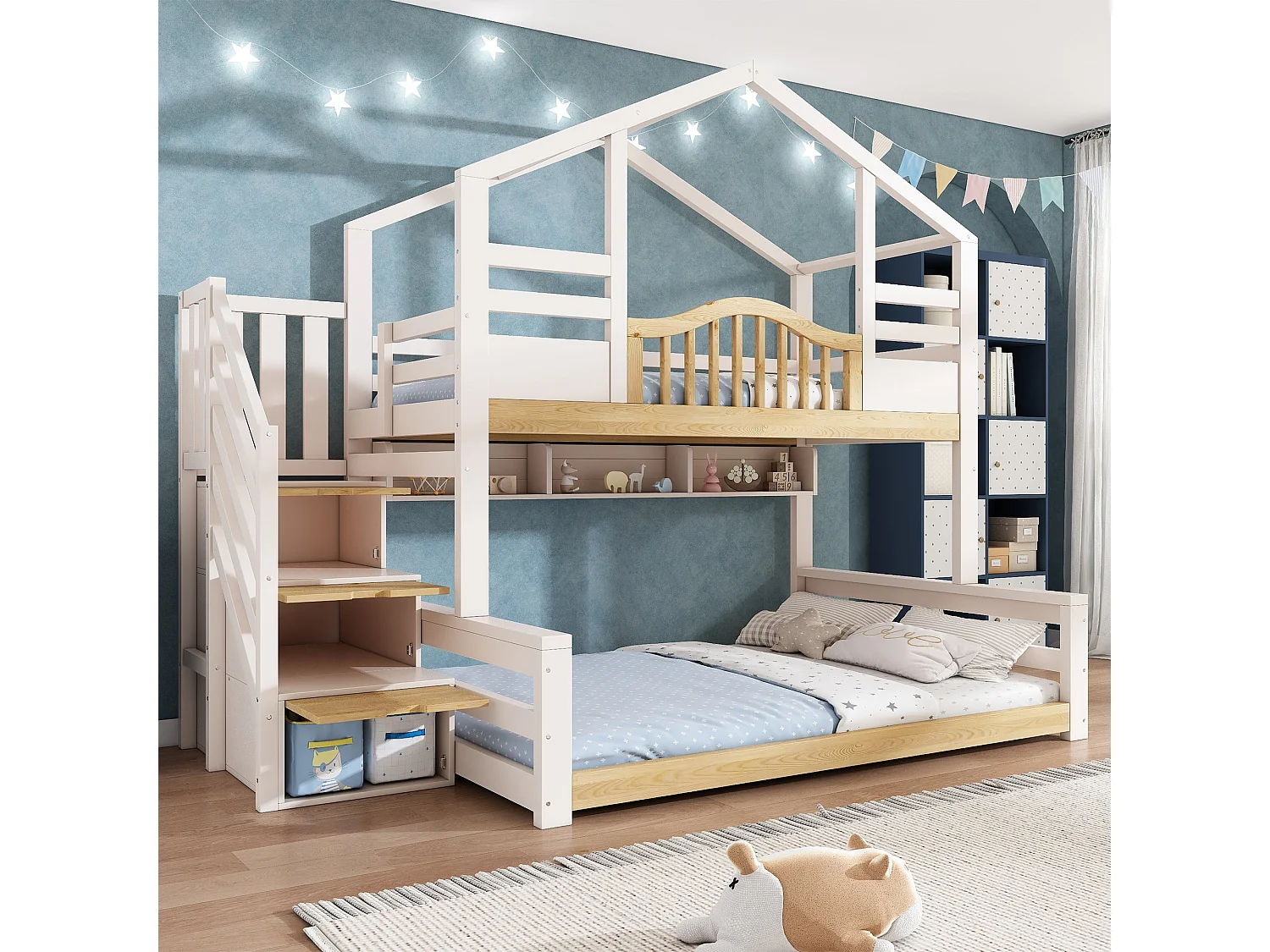 Lit superposé maison 90x200 cm / 140x200 cm, blanc et bois naturel, avec rangement escalier et étagères, sans matelas