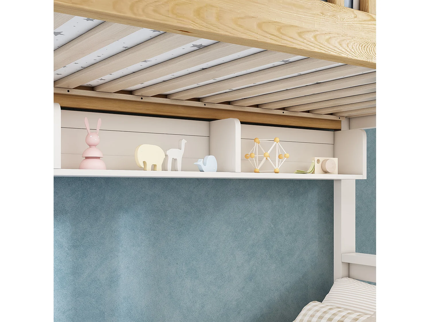 Lit superposé maison 90x200 cm / 140x200 cm, blanc et bois naturel, avec rangement escalier et étagères, sans matelas