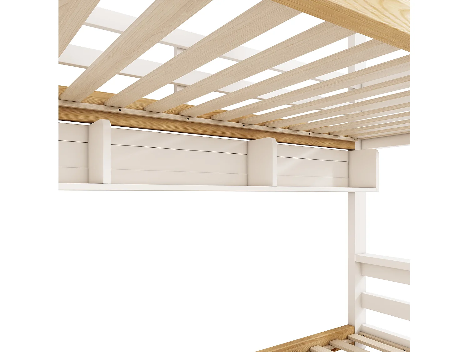 Lit superposé maison 90x200 cm / 140x200 cm, blanc et bois naturel, avec rangement escalier et étagères, sans matelas