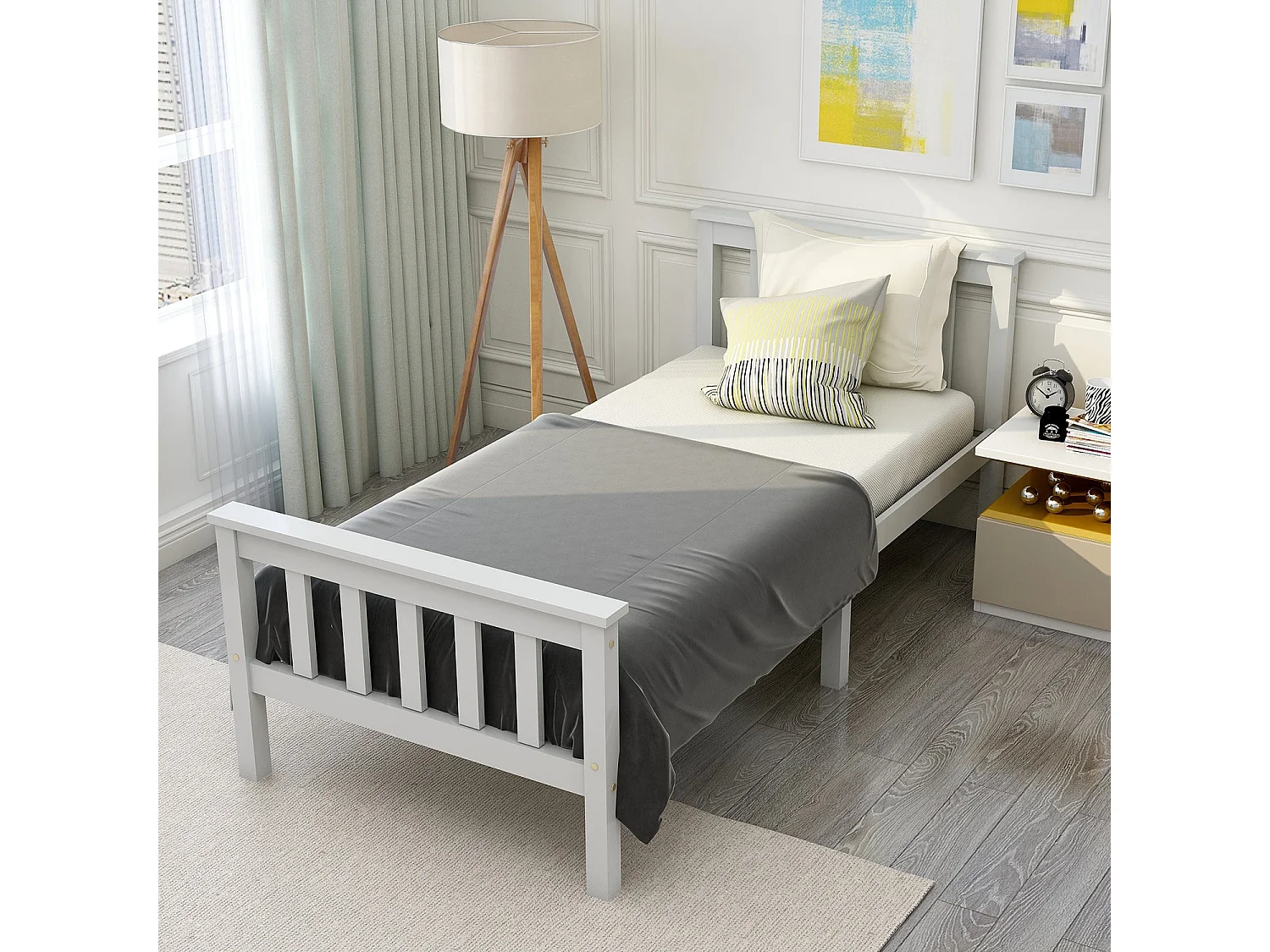 Lit double compact 140x200 cm, bois massif blanc, avec sommier à lattes, sans matelas