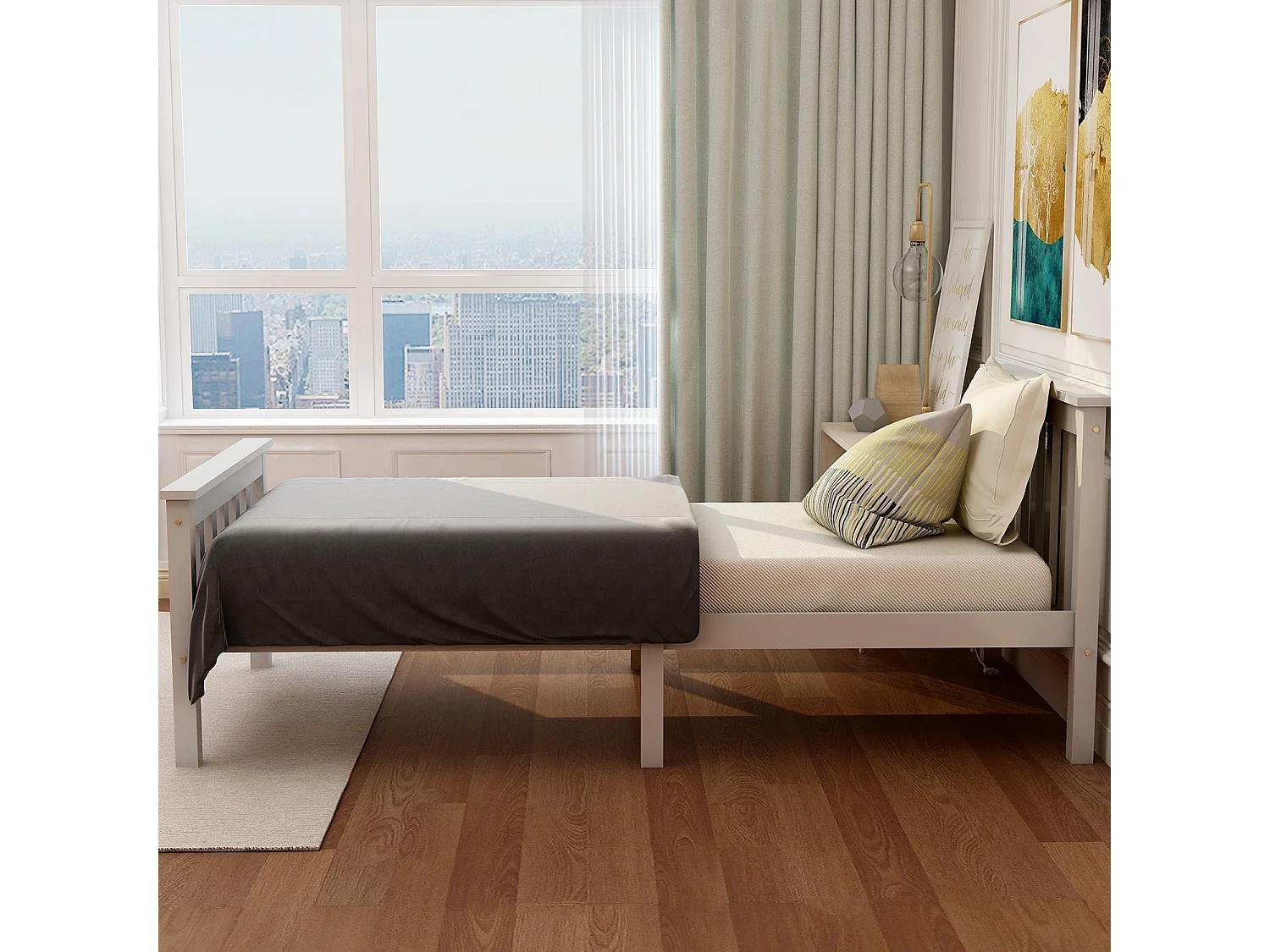 Lit double compact 140x200 cm, bois massif blanc, avec sommier à lattes, sans matelas