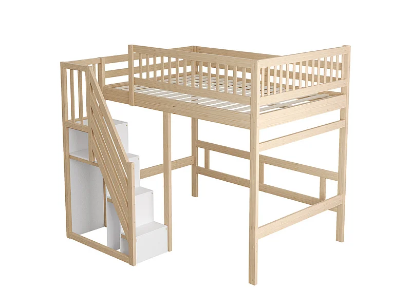 Literas 140x200cm - con escalera - Pino+Contrachapado+MDF - Natural+Blanco