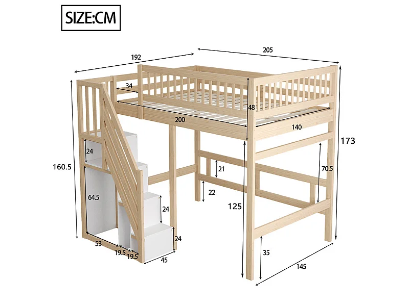 Literas 140x200cm - con escalera - Pino+Contrachapado+MDF - Natural+Blanco