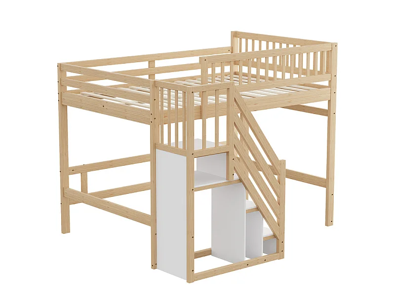 Literas 140x200cm - con escalera - Pino+Contrachapado+MDF - Natural+Blanco