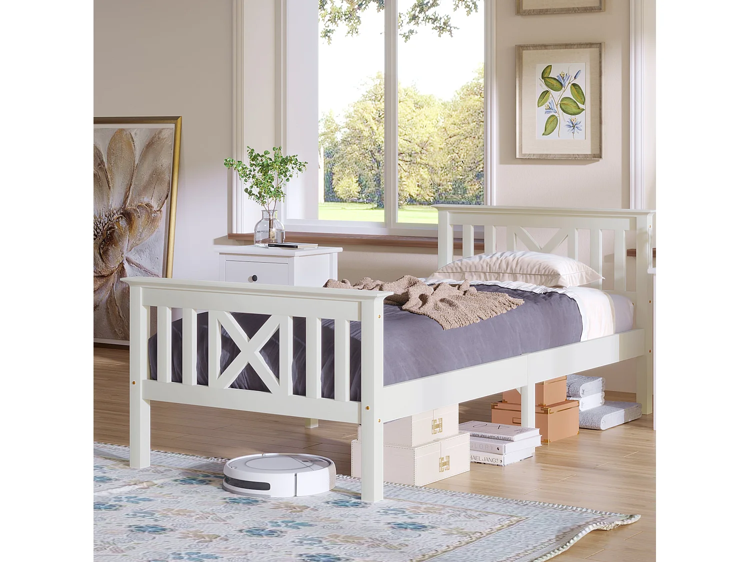 Lit simple 90x200 cm, bois massif blanc, avec tête de lit en X, sommier à lattes, sans matelas