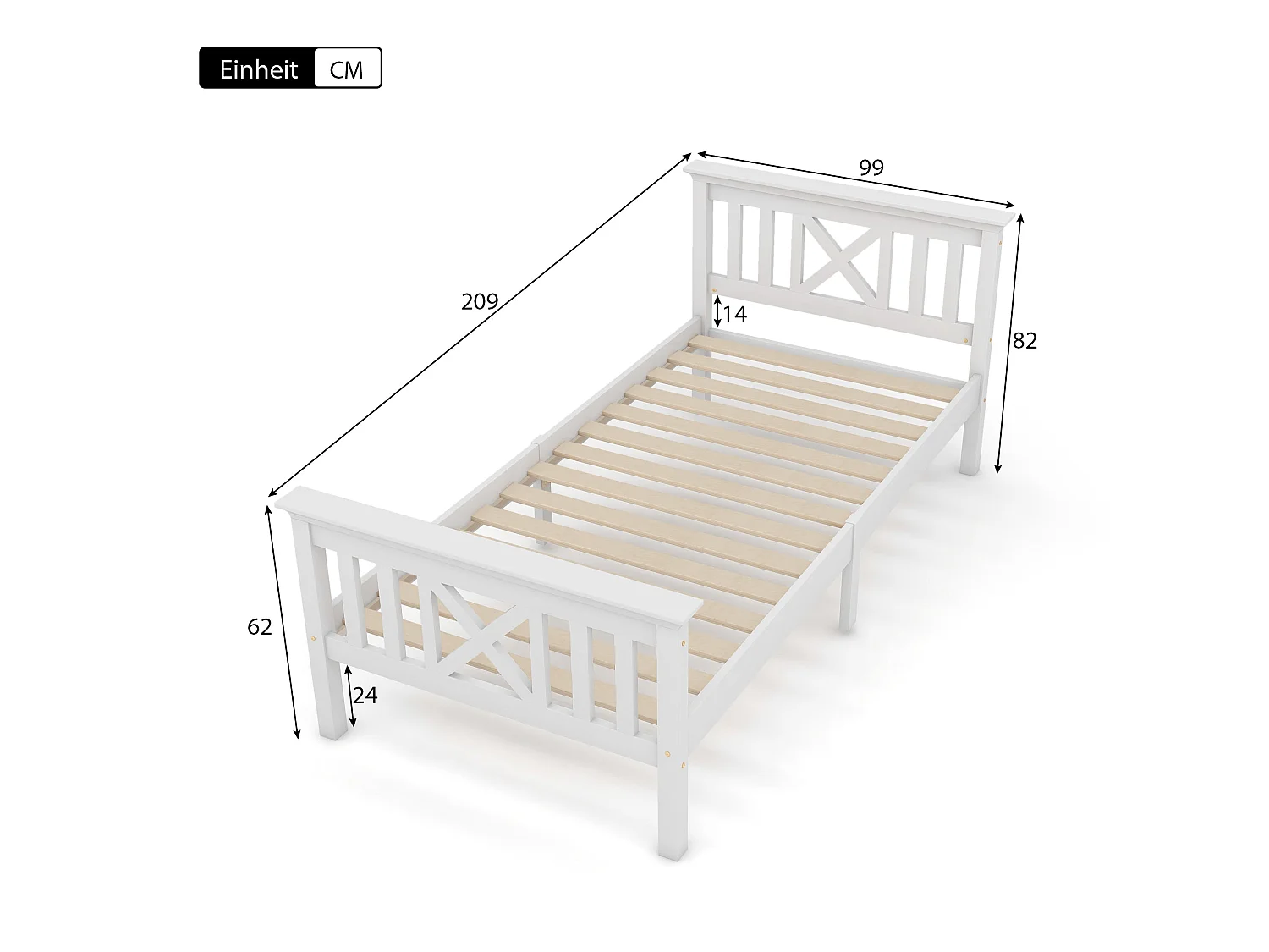 Lit simple 90x200 cm, bois massif blanc, avec tête de lit en X, sommier à lattes, sans matelas
