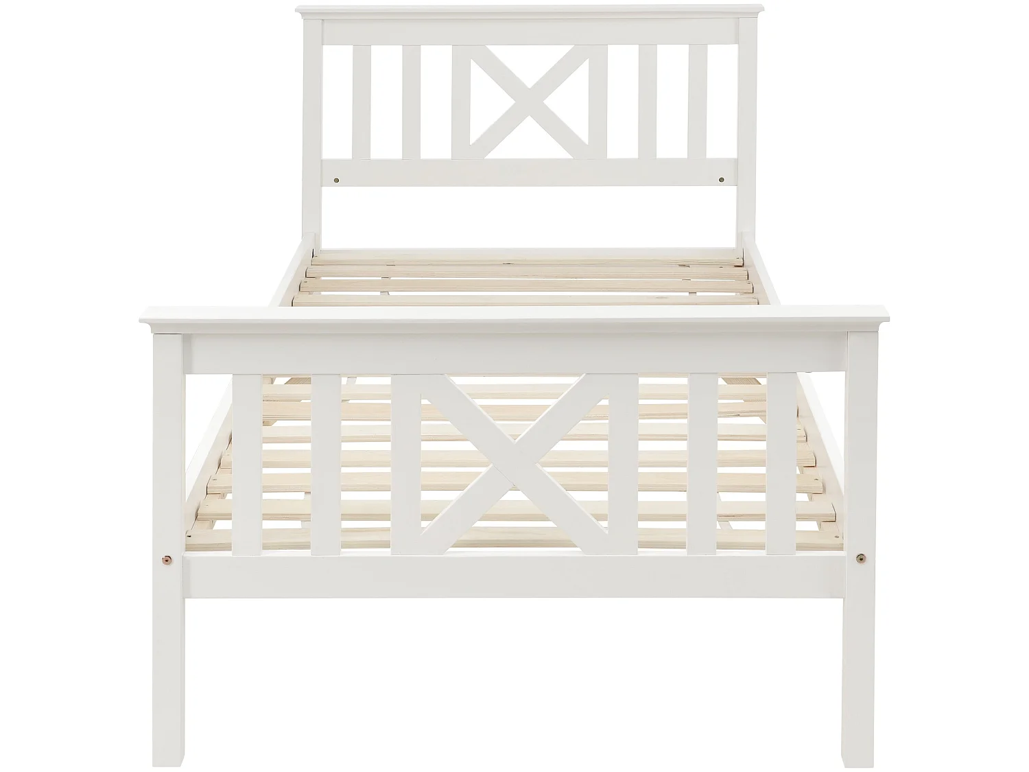 Lit simple 90x200 cm, bois massif blanc, avec tête de lit en X, sommier à lattes, sans matelas