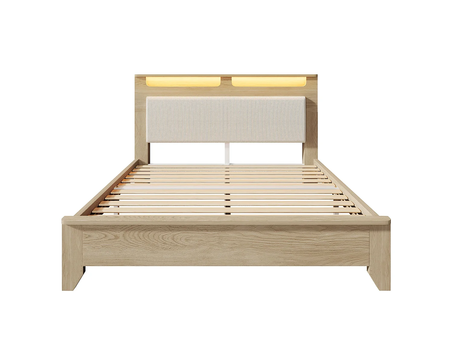 Lit double capitonné 140x200 cm, velours côtelé beige, avec LED télécommandé et rangement de tête de lit, sans matelas