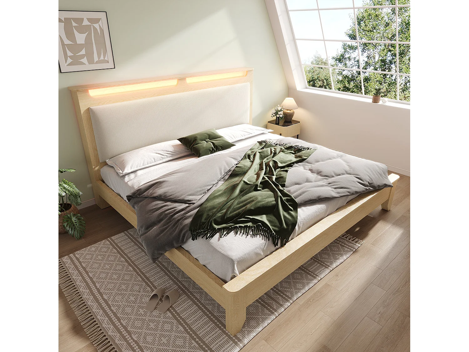 Lit double capitonné 140x200 cm, velours côtelé beige, avec LED télécommandé et rangement de tête de lit, sans matelas