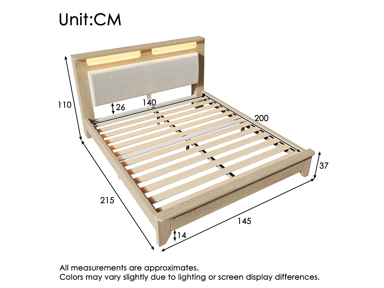 Lit double capitonné 140x200 cm, velours côtelé beige, avec LED télécommandé et rangement de tête de lit, sans matelas