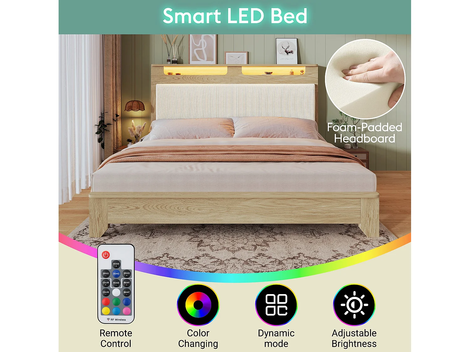 Lit double capitonné 140x200 cm, velours côtelé beige, avec LED télécommandé et rangement de tête de lit, sans matelas