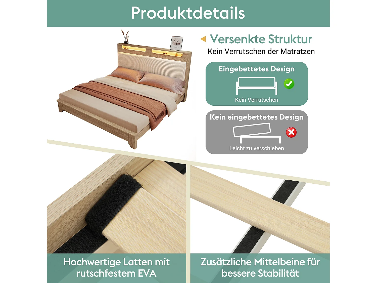Lit double capitonné 140x200 cm, velours côtelé beige, avec LED télécommandé et rangement de tête de lit, sans matelas