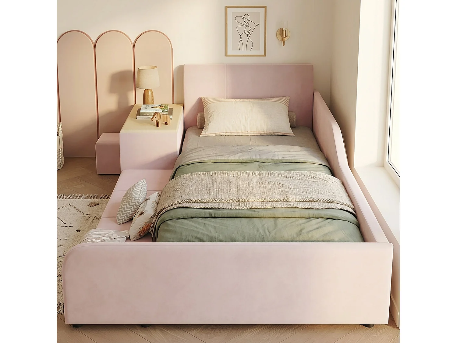 Lit enfant 140x200 cm, velours rose, avec bureau, tabouret et étagère, sans matelas