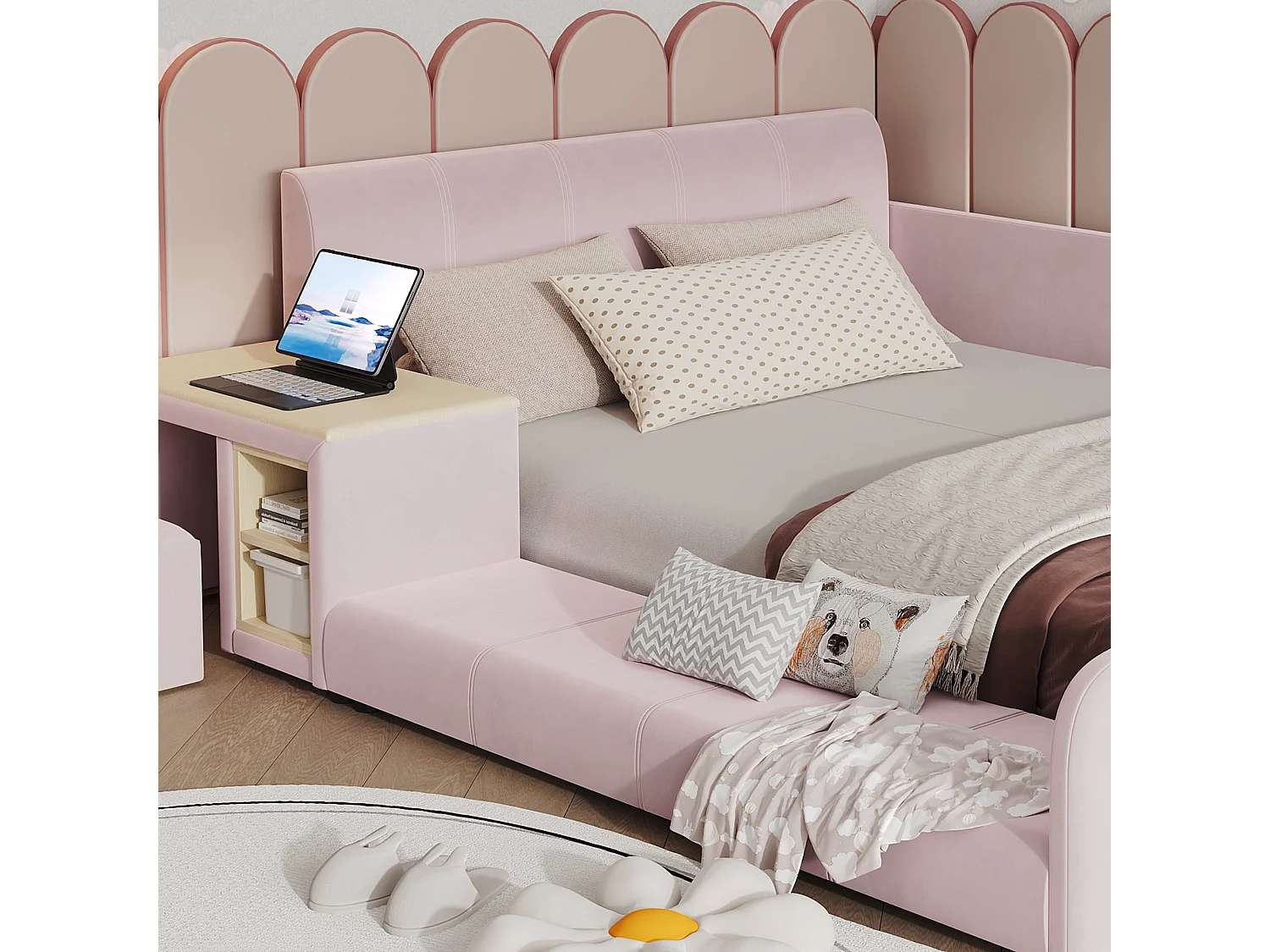 Lit enfant 140x200 cm, velours rose, avec bureau, tabouret et étagère, sans matelas