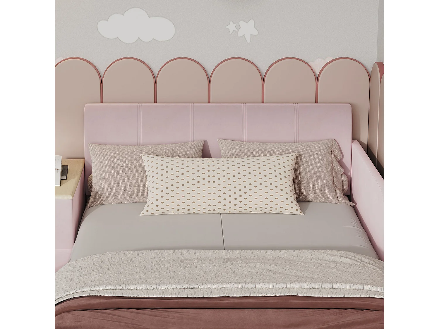 Lit enfant 140x200 cm, velours rose, avec bureau, tabouret et étagère, sans matelas