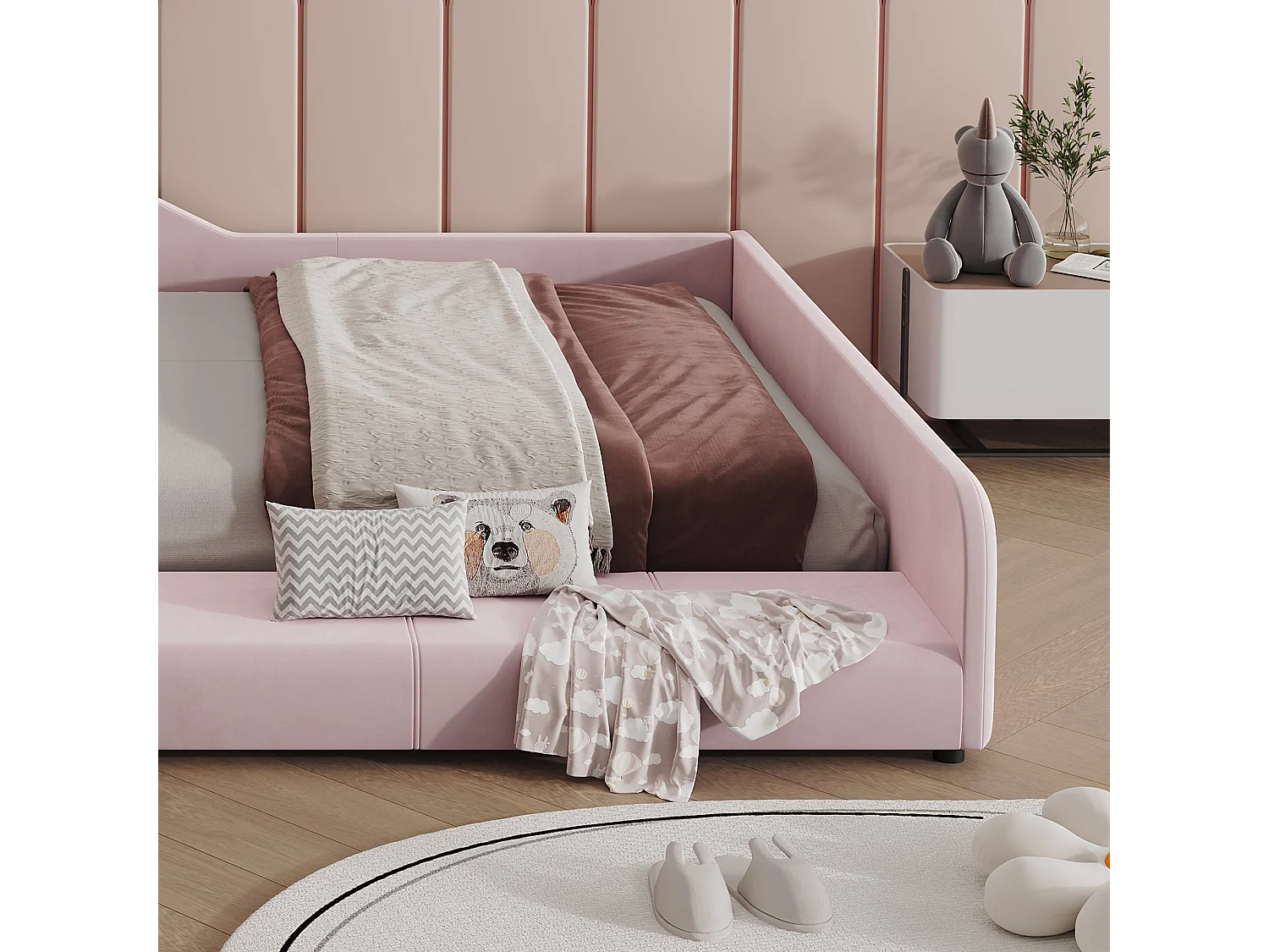 Lit enfant 140x200 cm, velours rose, avec bureau, tabouret et étagère, sans matelas