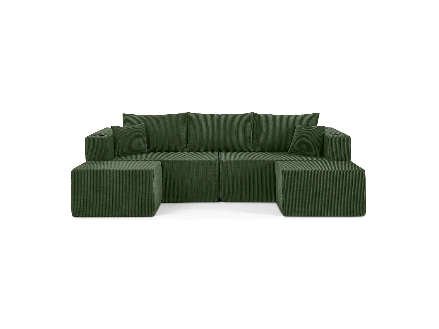Canapé d'angle modulaire 3 places, compressé, avec ottoman, tissu velours côtelé, porte-gobelets, poche latérale et coussins, vert