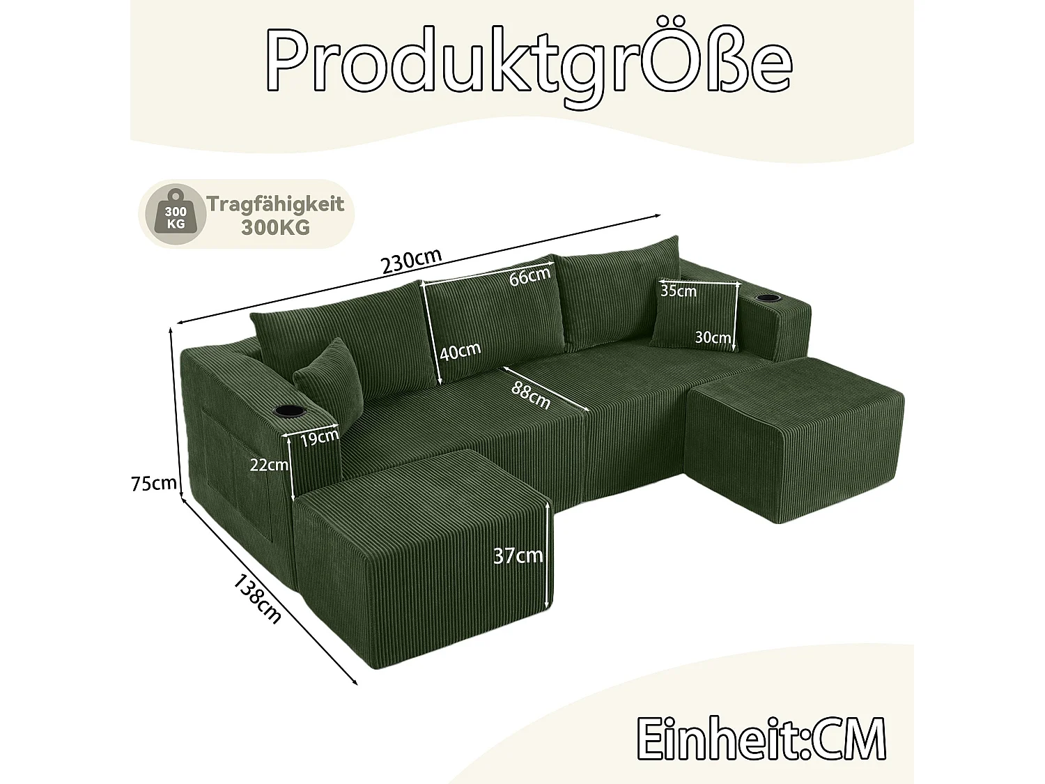 Canapé d'angle modulaire 3 places, compressé, avec ottoman, tissu velours côtelé, porte-gobelets, poche latérale et coussins, vert