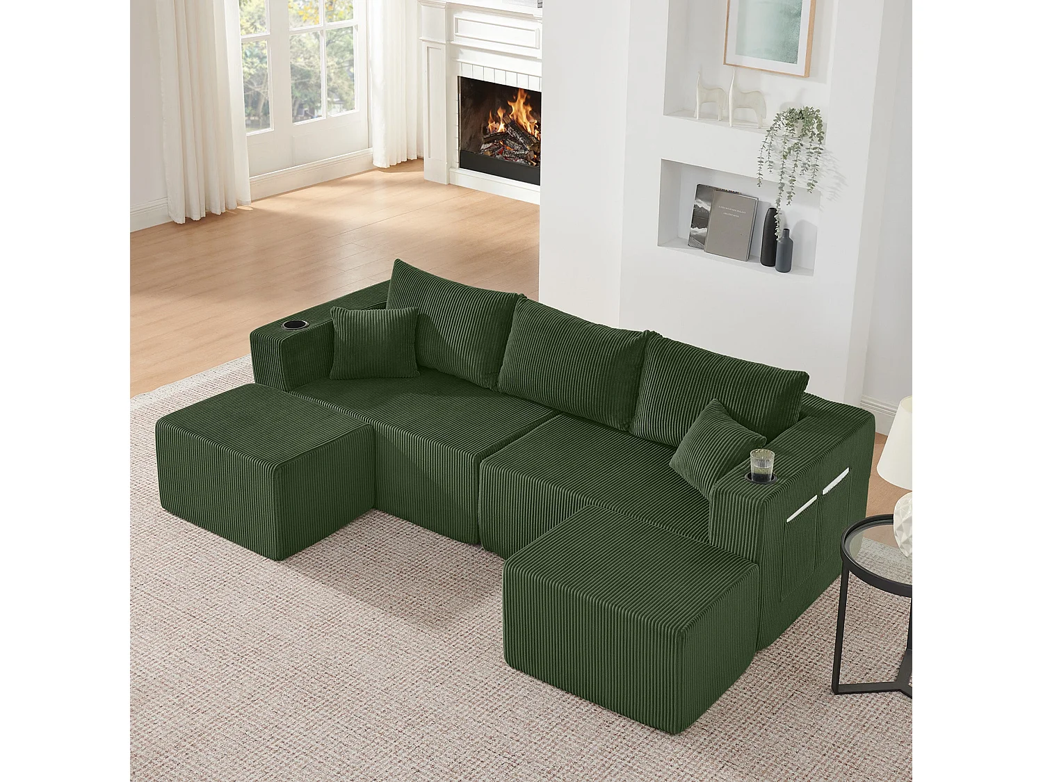 Canapé d'angle modulaire 3 places, compressé, avec ottoman, tissu velours côtelé, porte-gobelets, poche latérale et coussins, vert