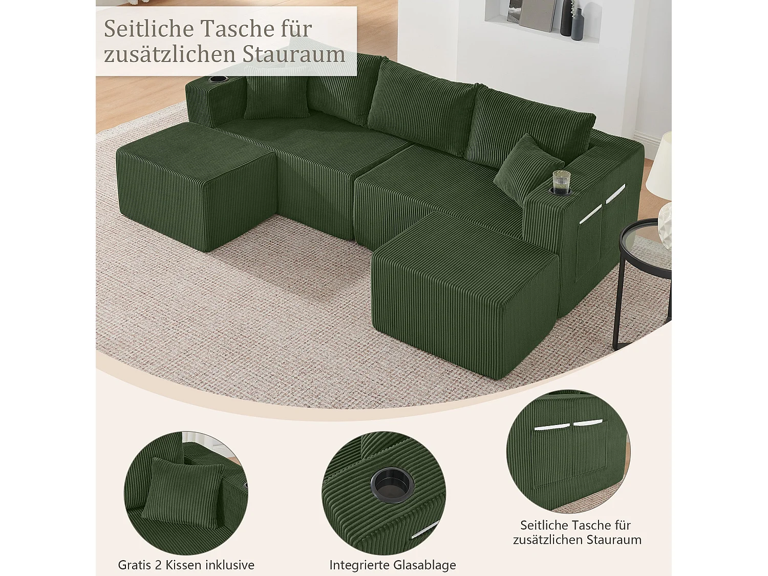 Canapé d'angle modulaire 3 places, compressé, avec ottoman, tissu velours côtelé, porte-gobelets, poche latérale et coussins, vert