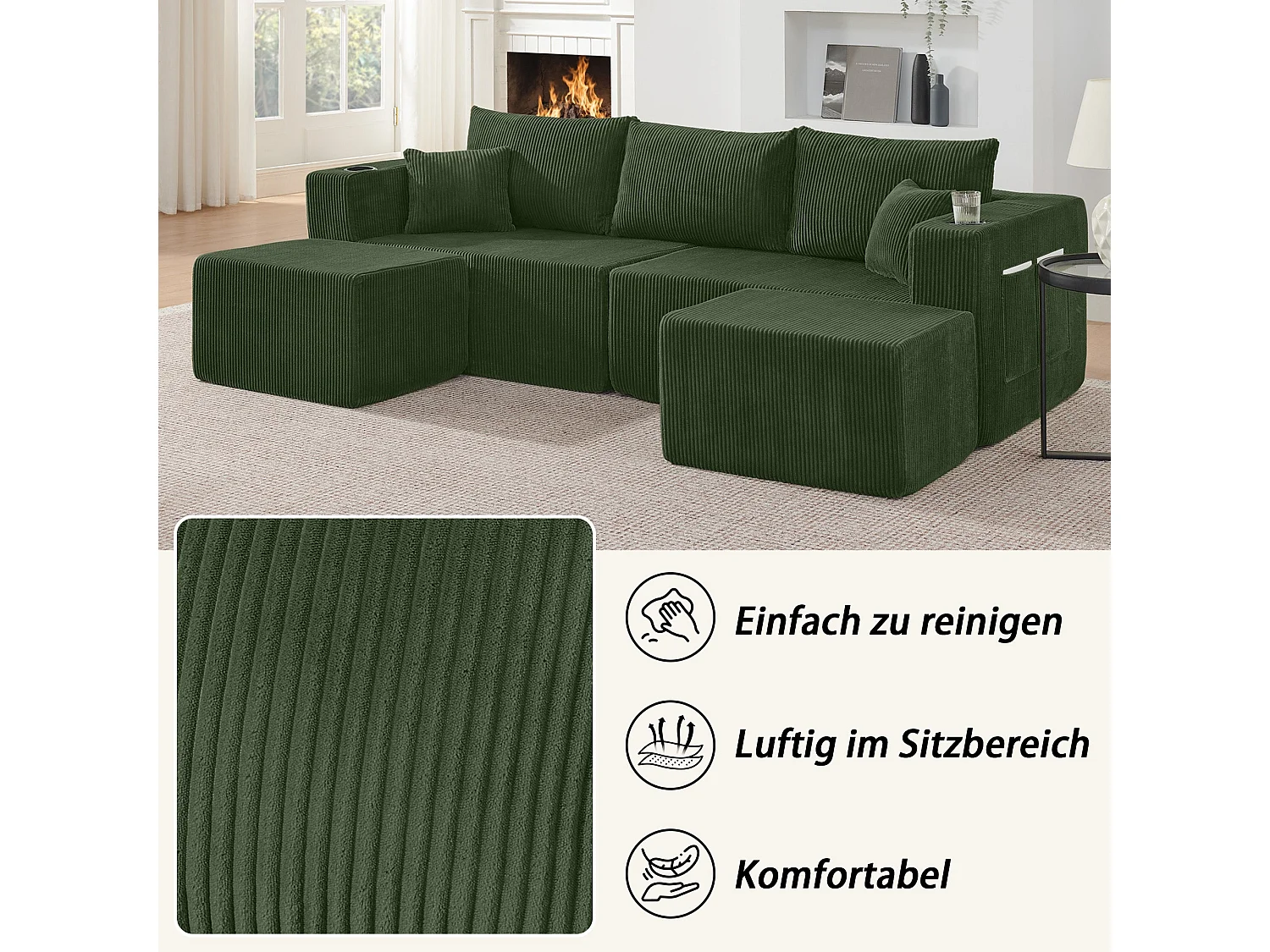 Canapé d'angle modulaire 3 places, compressé, avec ottoman, tissu velours côtelé, porte-gobelets, poche latérale et coussins, vert