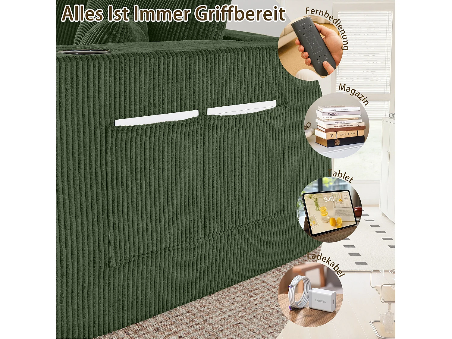 Canapé d'angle modulaire 3 places, compressé, avec ottoman, tissu velours côtelé, porte-gobelets, poche latérale et coussins, vert