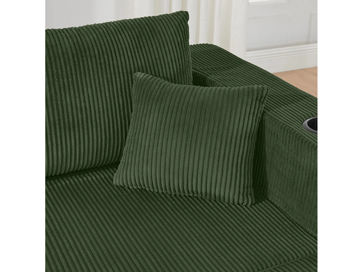 Canapé d'angle modulaire 3 places, compressé, avec ottoman, tissu velours côtelé, porte-gobelets, poche latérale et coussins, vert