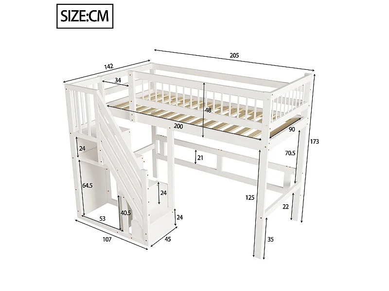 Literas 90x200cm - con escalera - Pino+Contrachapado+MDF - Blanco