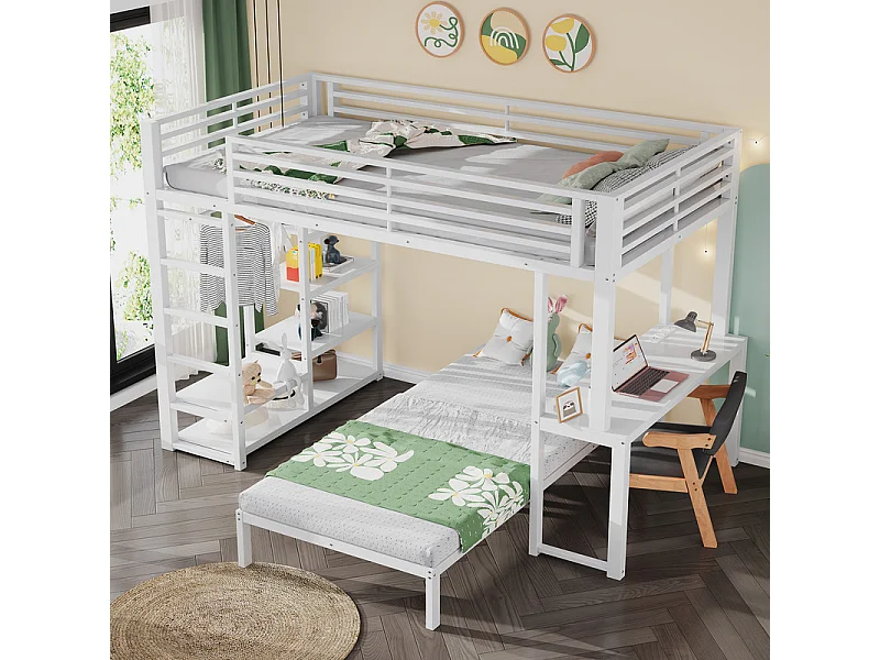 Lit superposé mezzanine 90x200cm avec bureau et cintre, double prise avec interface USB et Type-C, Blanc
