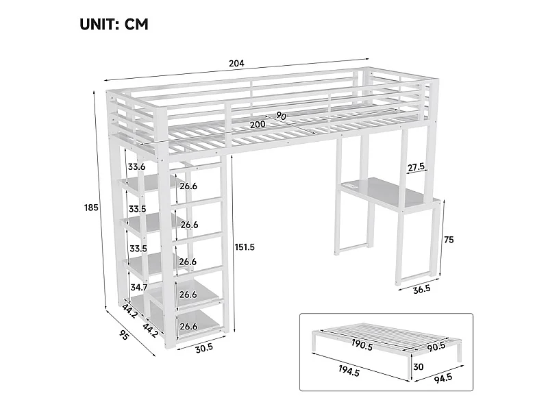 Lit superposé mezzanine 90x200cm avec bureau et cintre, double prise avec interface USB et Type-C, Blanc