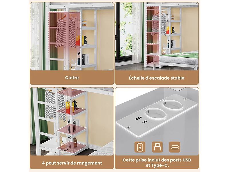 Lit superposé mezzanine 90x200cm avec bureau et cintre, double prise avec interface USB et Type-C, Blanc