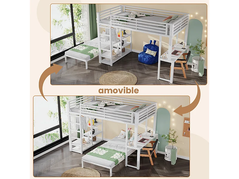 Lit superposé mezzanine 90x200cm avec bureau et cintre, double prise avec interface USB et Type-C, Blanc