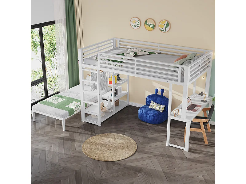 Lit superposé mezzanine 90x200cm avec bureau et cintre, double prise avec interface USB et Type-C, Blanc