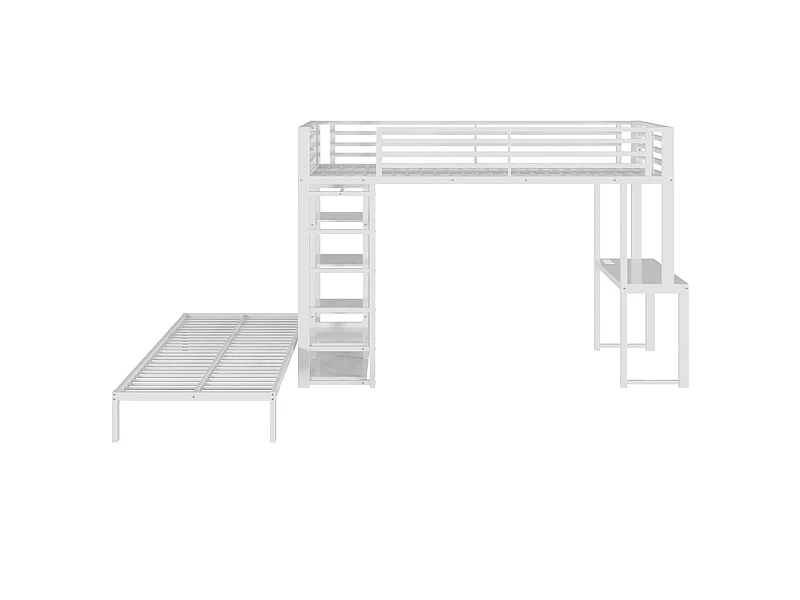 Lit superposé mezzanine 90x200cm avec bureau et cintre, double prise avec interface USB et Type-C, Blanc