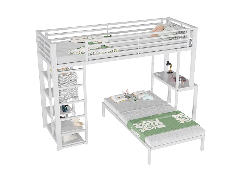 Lit superposé mezzanine 90x200cm avec bureau et cintre, double prise avec interface USB et Type-C, Blanc