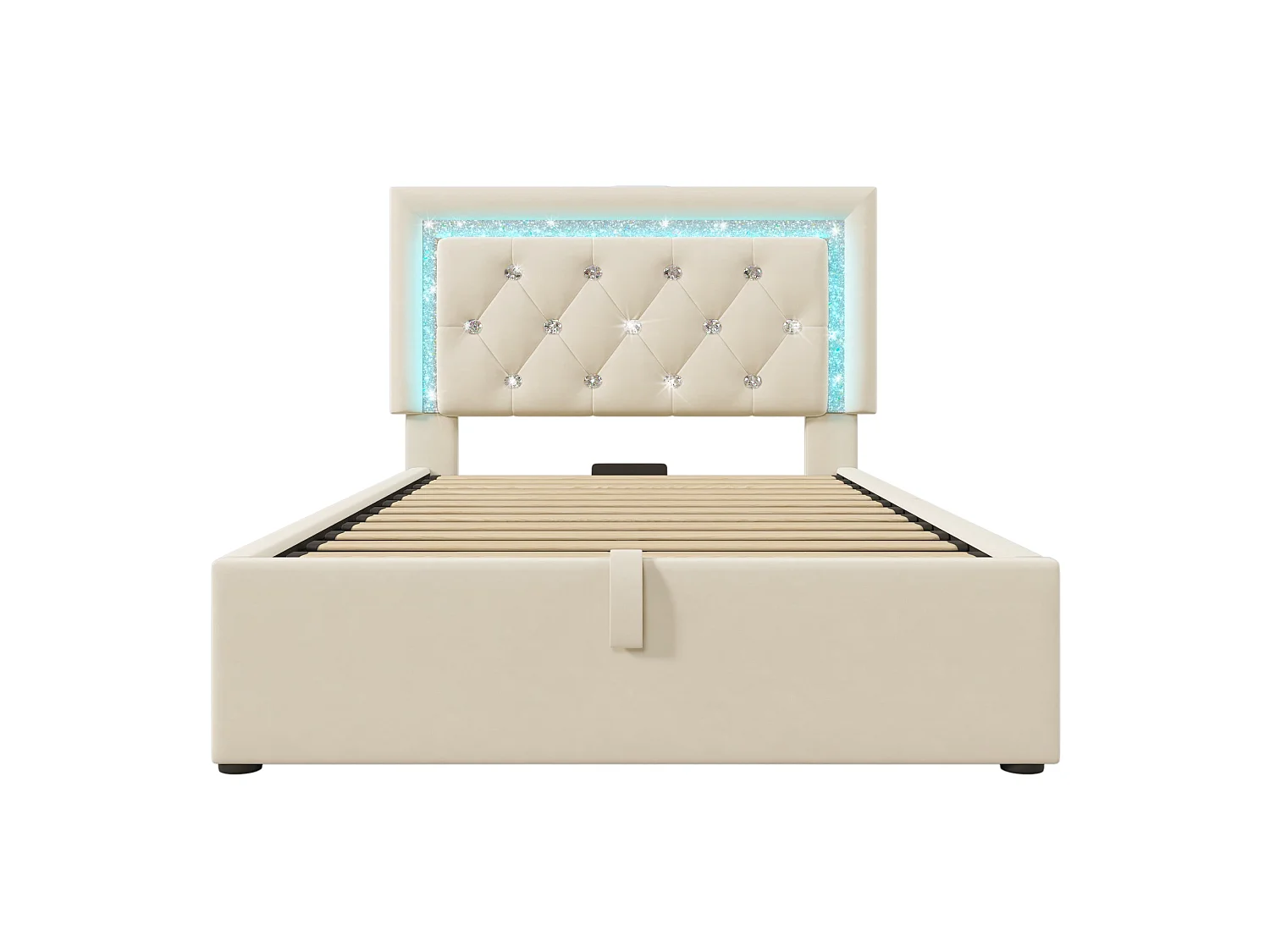 Lit double capitonné 180x200 cm, velours beige, avec LED diamant, ports USB et Type-C, rangement hydraulique, sans matelas