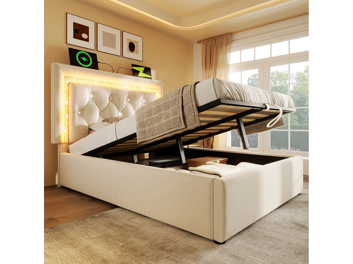 Lit double capitonné 180x200 cm, velours beige, avec LED diamant, ports USB et Type-C, rangement hydraulique, sans matelas